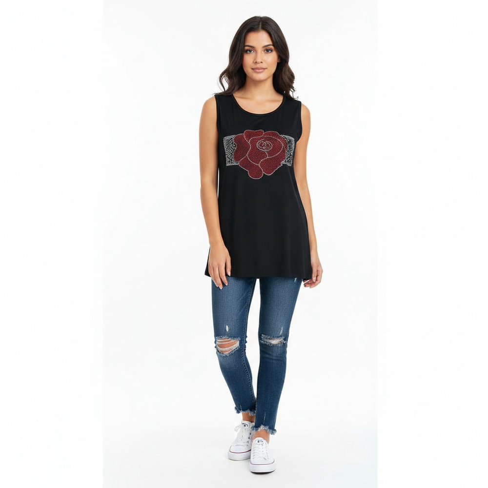 Shiny Black Sleeveless Top or Mini Dress with Red Rhinestone Rose, One Size NWT